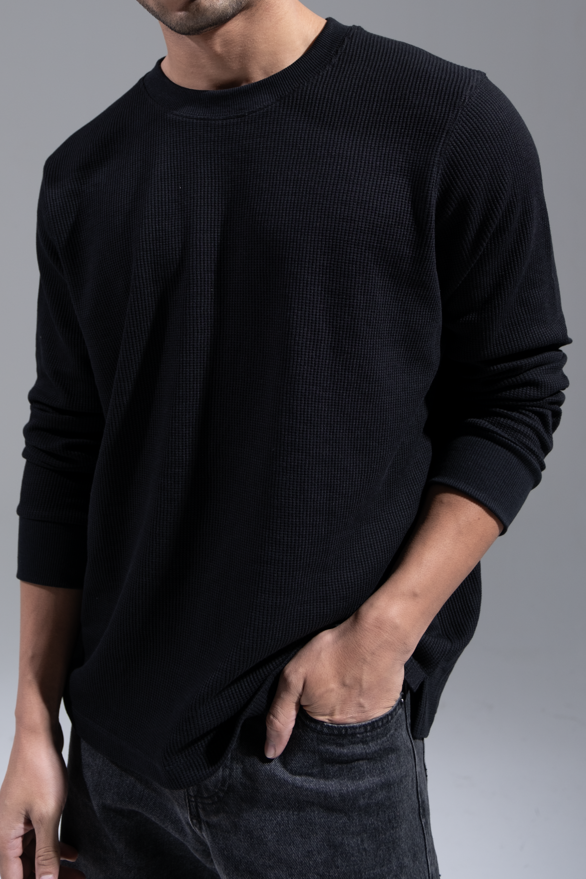 Waffle Long Sleeve T-Shirt - Black